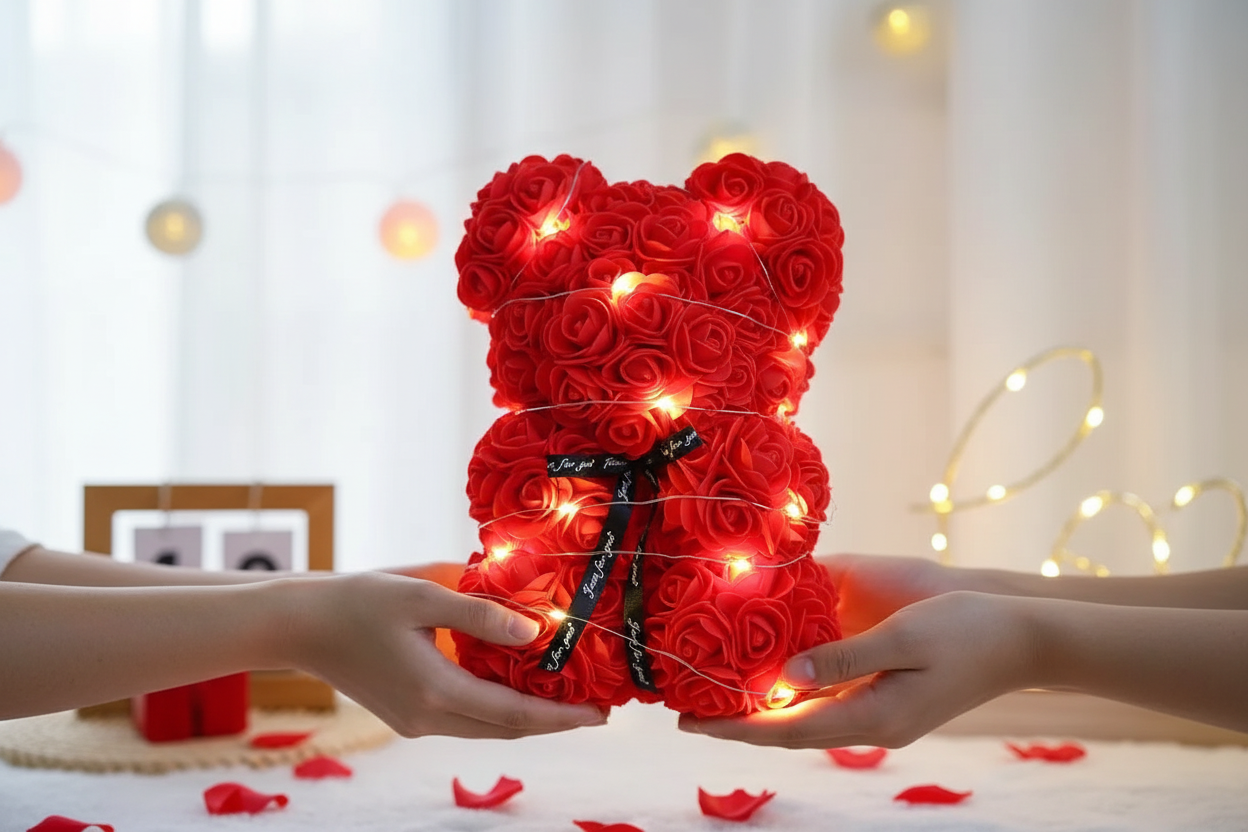 Rose bear being held as gift